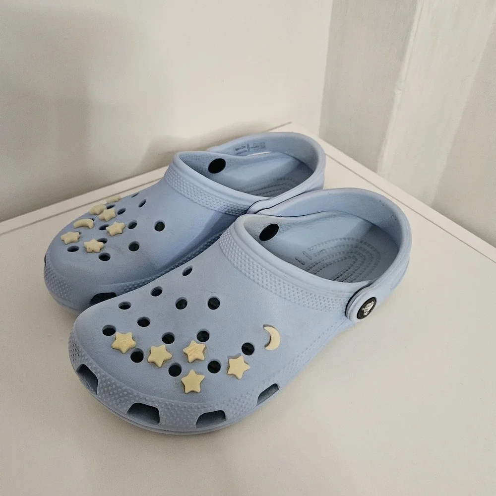 CROCS Kids Light Blue Clog Sandals with Cream Star & Moon Charms